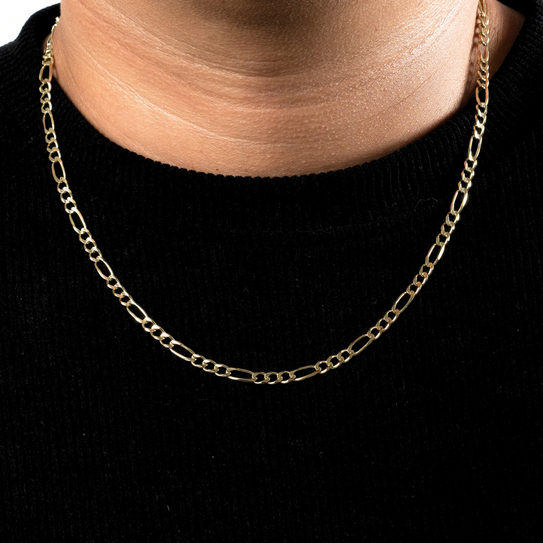 Cadena de oro amarillo tejido Figaro solido hecho a maquina con broche de perico 4 mm