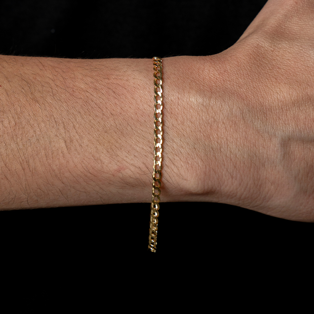 Pulso de oro amarillo tejido Barbado solido hecho a maquina con broche de perico 3.5 mm