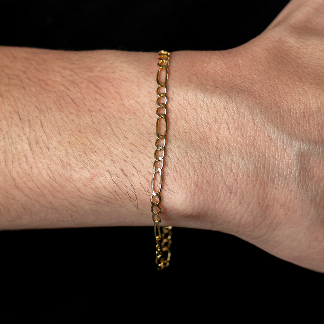 Pulso de oro amarillo tejido Figaro solido hecho a maquina con broche de perico 3.5 mm