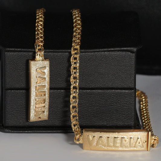 Juego de Pulso y Cadena Tejido Chino de 4 mm y nombre en placa