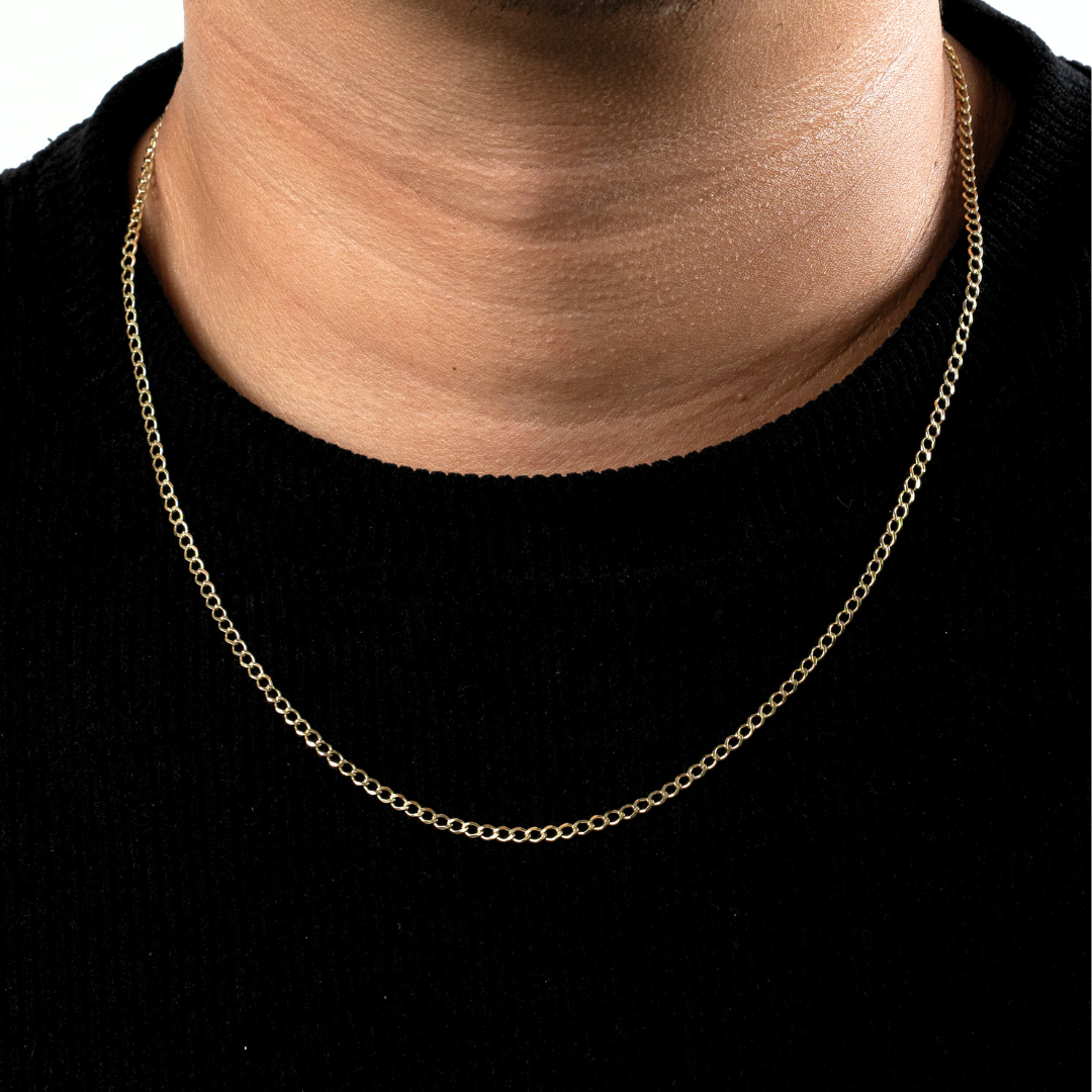 Cadena de oro amarillo tejido Barbado solido hecho a maquina con broche de perico 3 mm