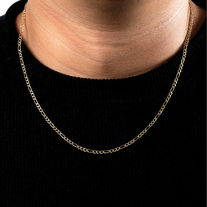 Cadena de oro amarillo tejido Figaro solido hecho a maquina con broche de argolla 2.5 mm