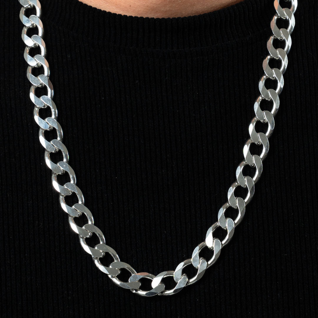 Cadena de plata tejido Barbado solida hecha a maquina con broche de perico 14 mm