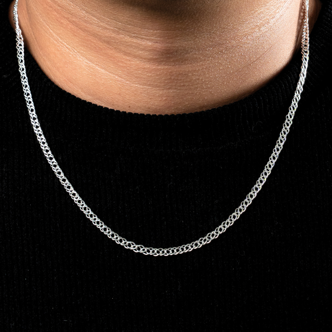 Cadena de plata tejido Doble Rombo solida hecha a maquina con broche de argolla 4 mm