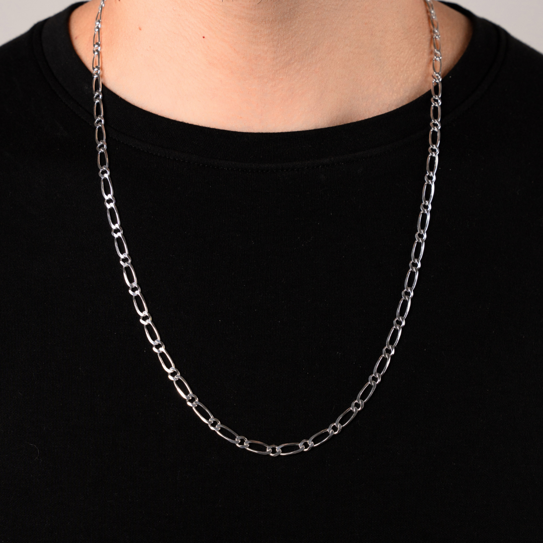 Cadena de plata tejido Figaro 1X1 solida hecha a maquina con broche de argolla 4 mm