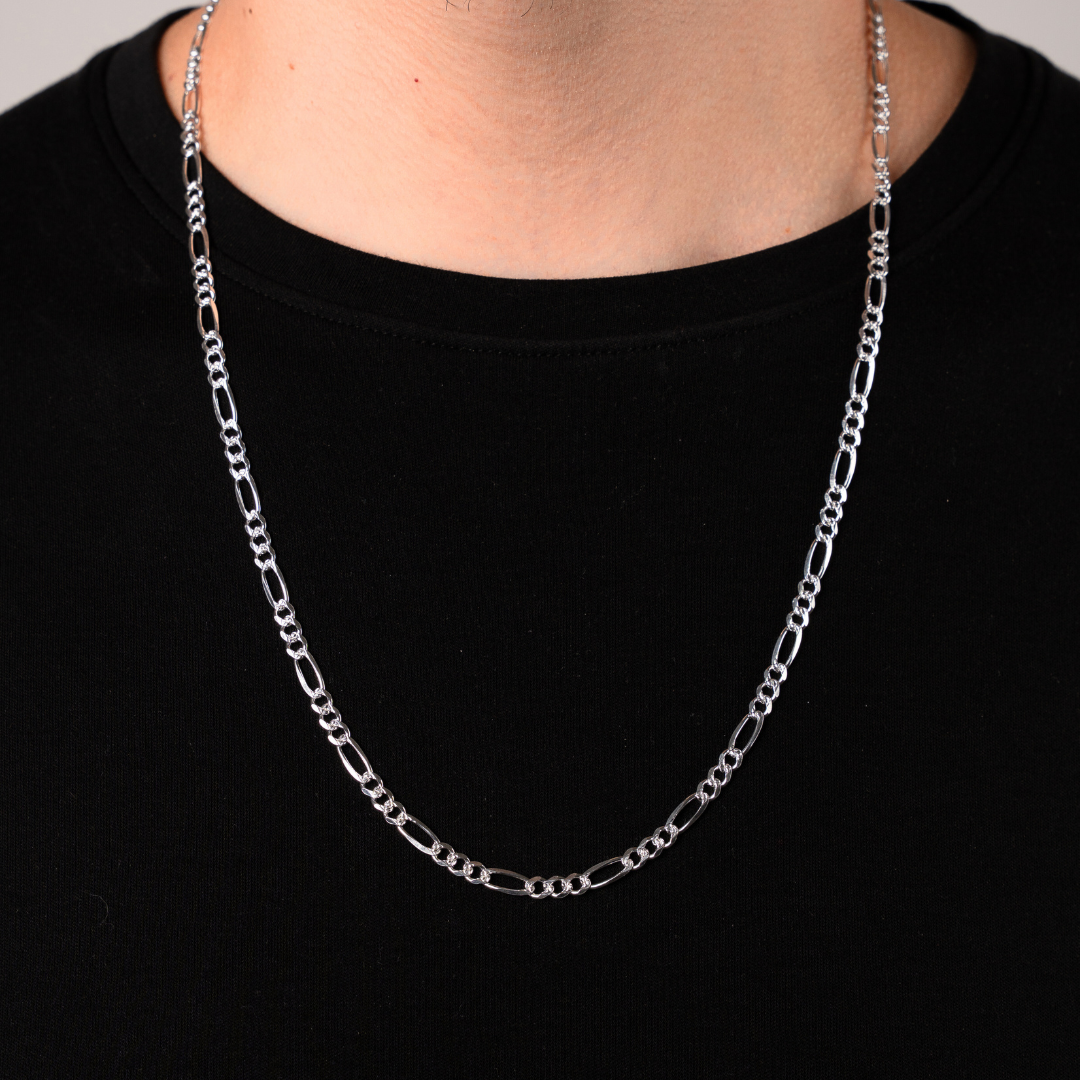 Cadena de plata tejido Figaro diamantado solida hecha a maquina con broche de perico 4 mm