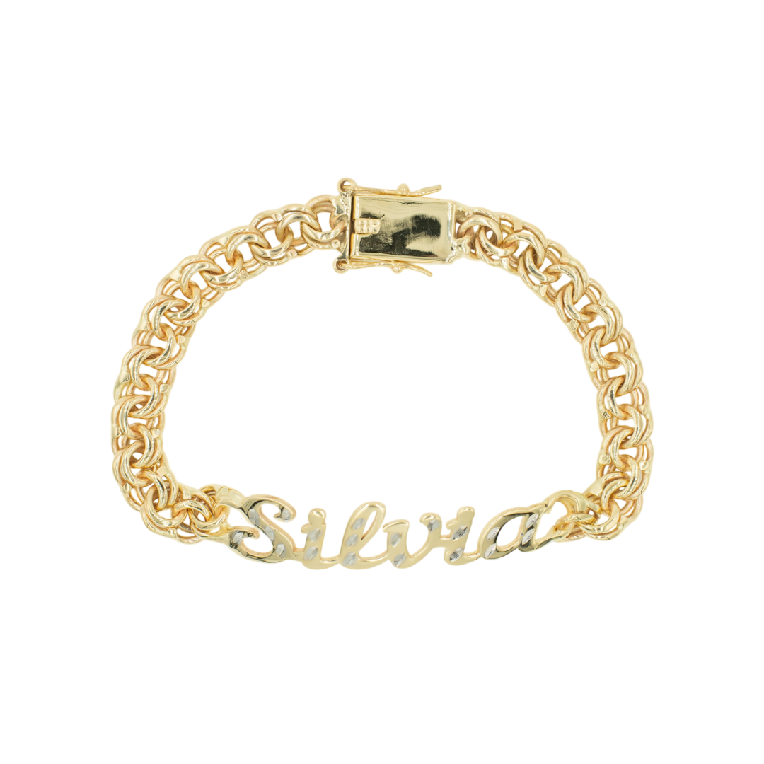 Esclava de oro amarillo tejido Chino con nombre solida hecho a mano con broche de caja 4 mm