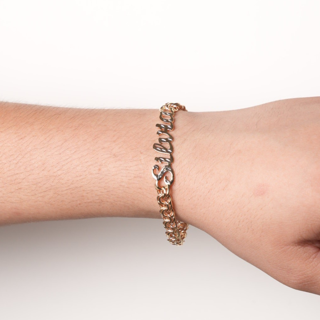 Esclava de oro blanco tejido Chino con nombre solida hecho a mano con broche de caja 4 mm