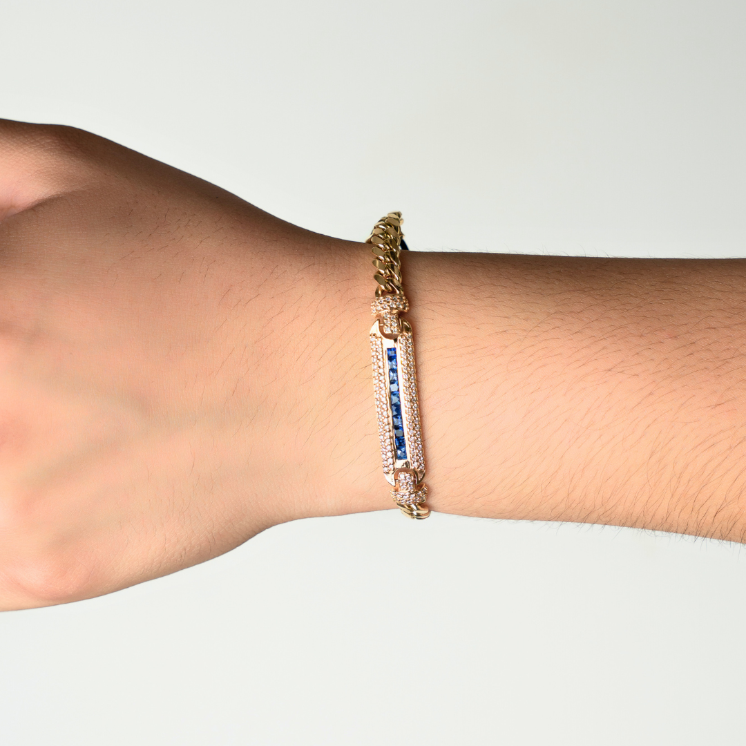 Esclava de oro blanco tejido Cubano con piedras solida hecho a mano con broche de caja 6.5 mm